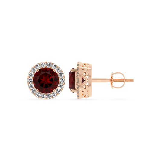 natural garnet round stud earrings in rose gold 