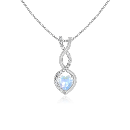 natural rainbow-moonstone heart infinity necklaces in platinum 