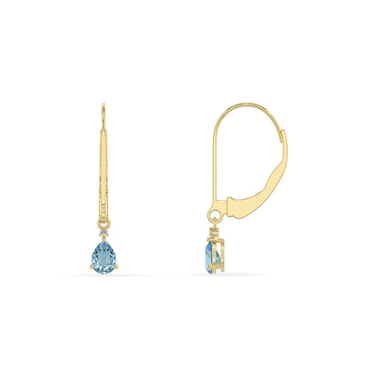 lab grown aquamarine pear drop earrings in yellow gold 