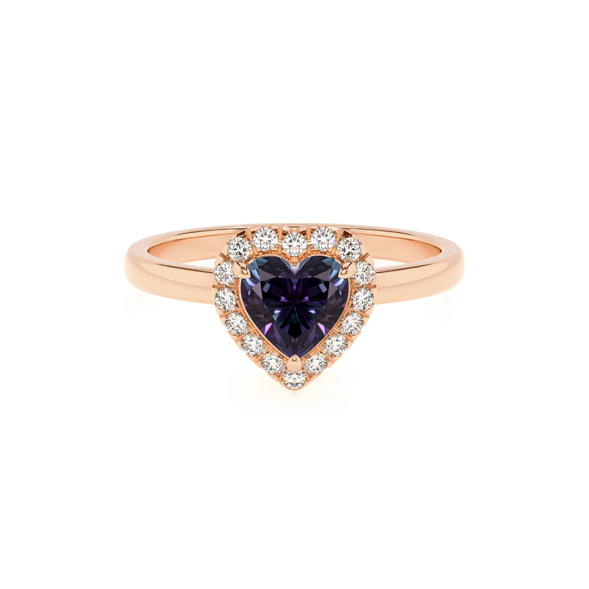 lab grown alexandrite heart solitaire rings in rose gold 