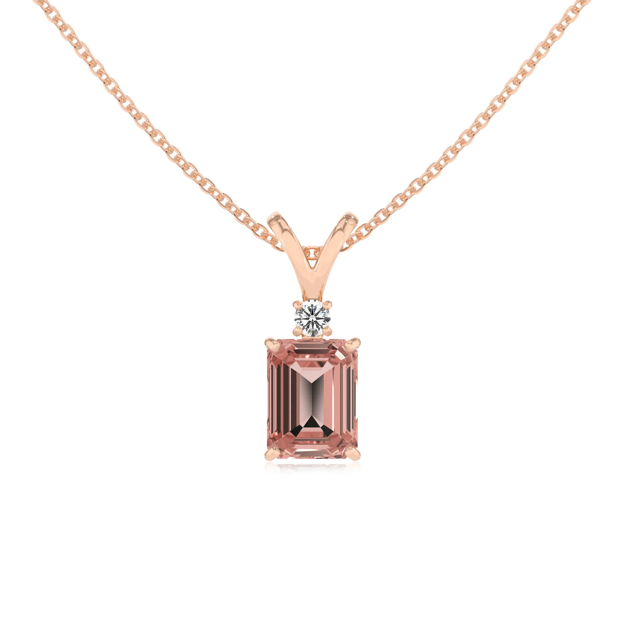 lab grown morganite emerald cut solitaire v-bale necklaces in rose gold 