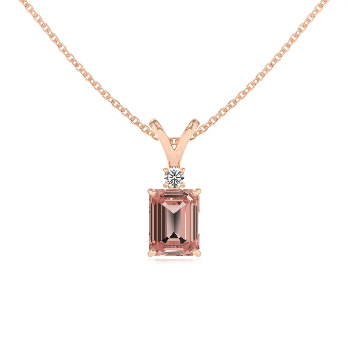 lab grown morganite emerald cut solitaire v-bale necklaces in rose gold 