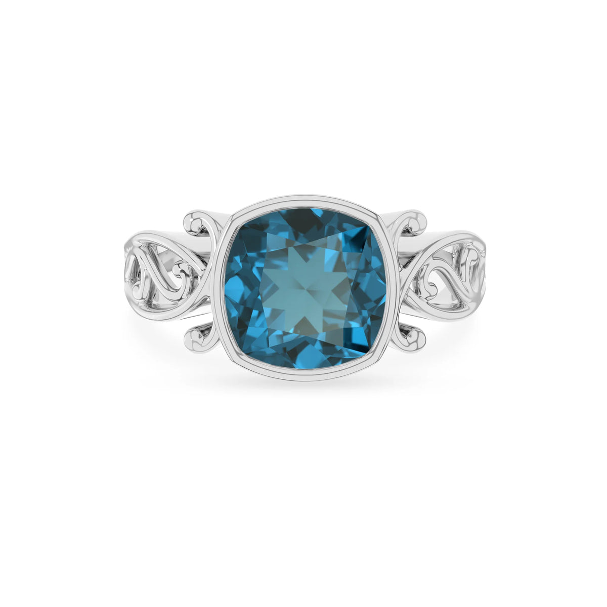 natural london-blue-topaz cushion solitaire rings in platinum 