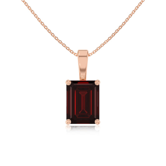 natural garnet emerald cut solitaire necklaces in rose gold 