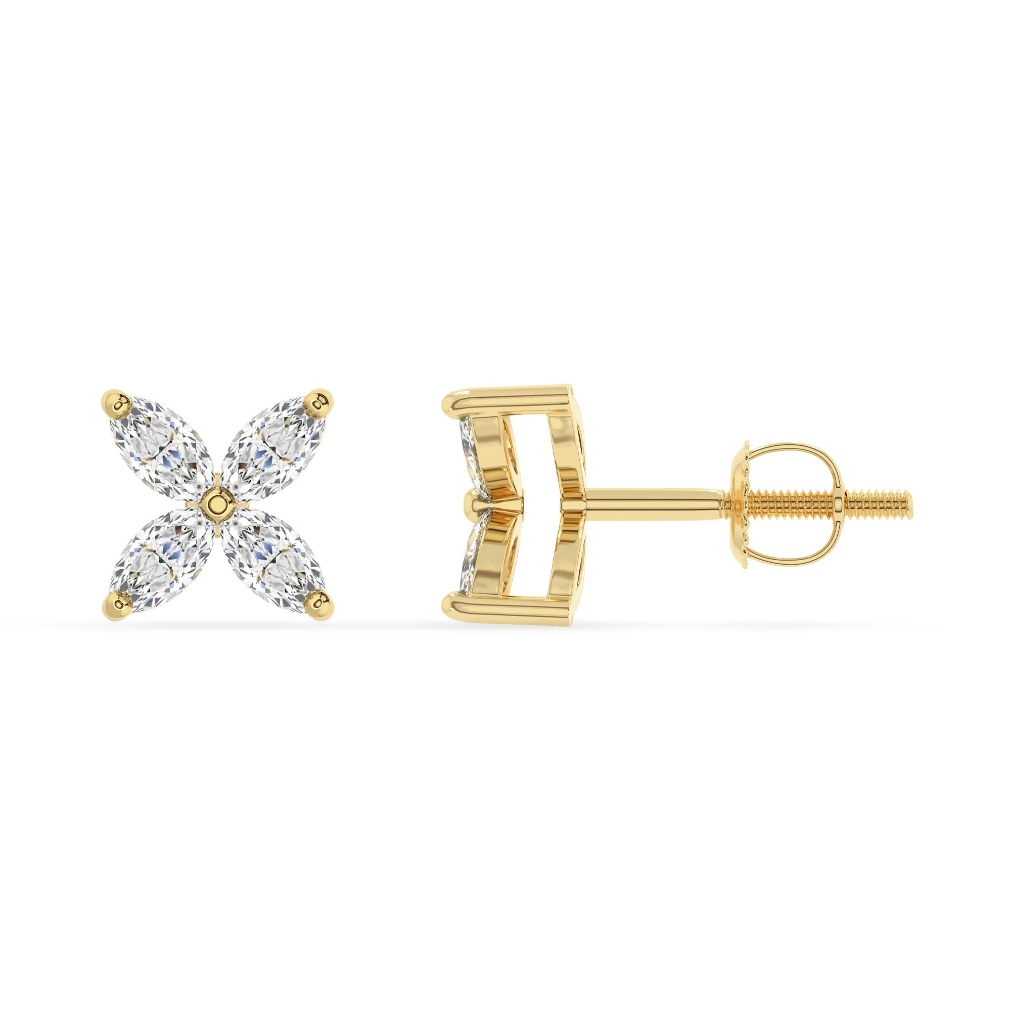 lab grown moissanite marquise stud earrings in yellow gold 