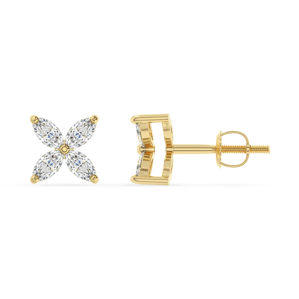 lab grown moissanite marquise stud earrings in yellow gold 