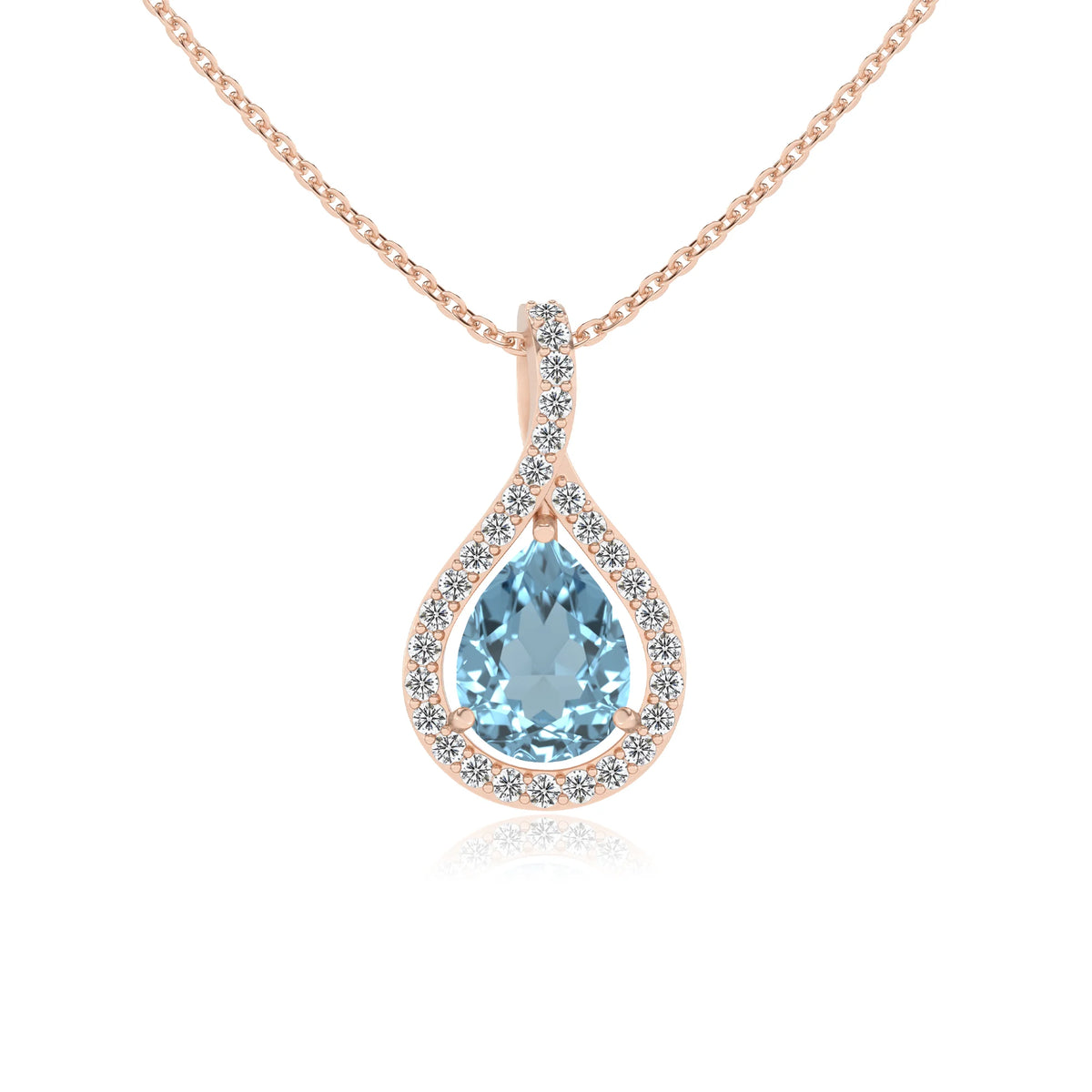 lab grown aquamarine pear solitaire necklaces in rose gold 