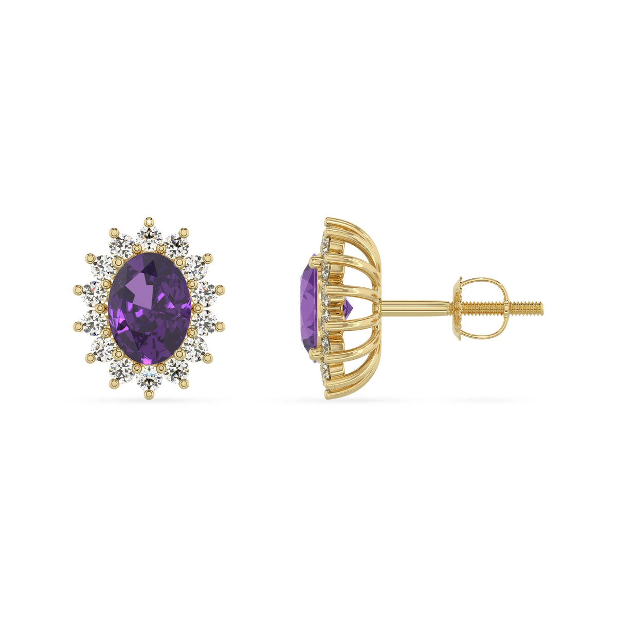 lab grown amethyst oval stud earrings in yellow gold 