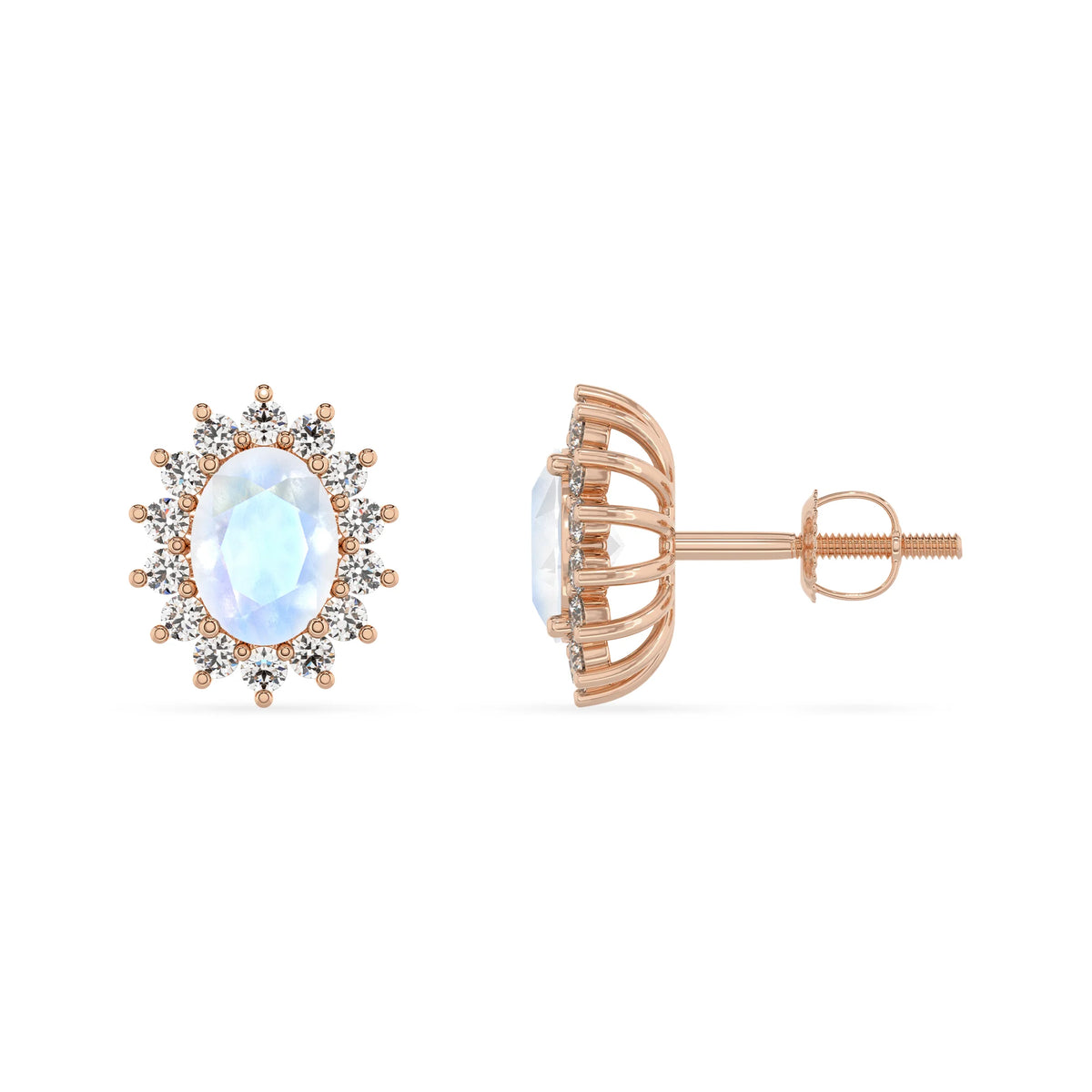 natural rainbow moonstone oval stud earrings in rose gold 