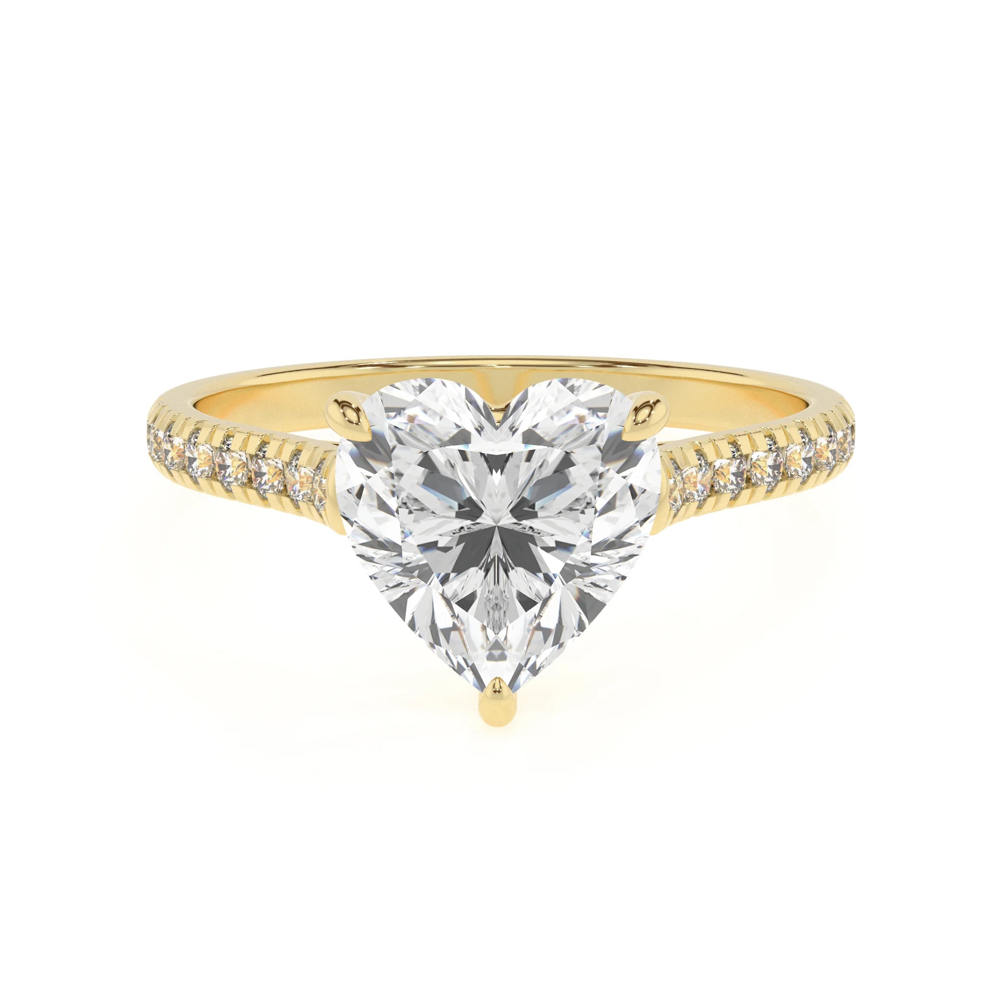 lab grown moissanite heart half eternity solitaire engagement rings in yellow gold 