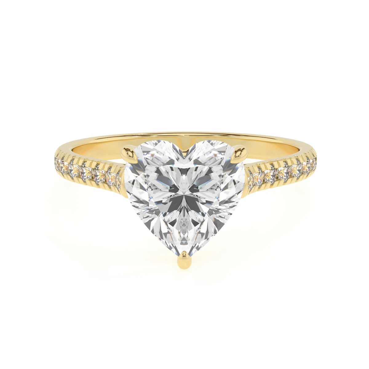 lab grown moissanite heart half eternity solitaire engagement rings in yellow gold 