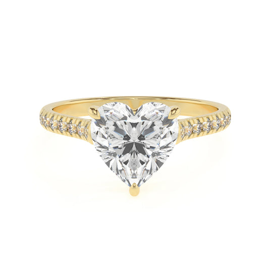 lab grown moissanite heart half eternity solitaire engagement rings in yellow gold 