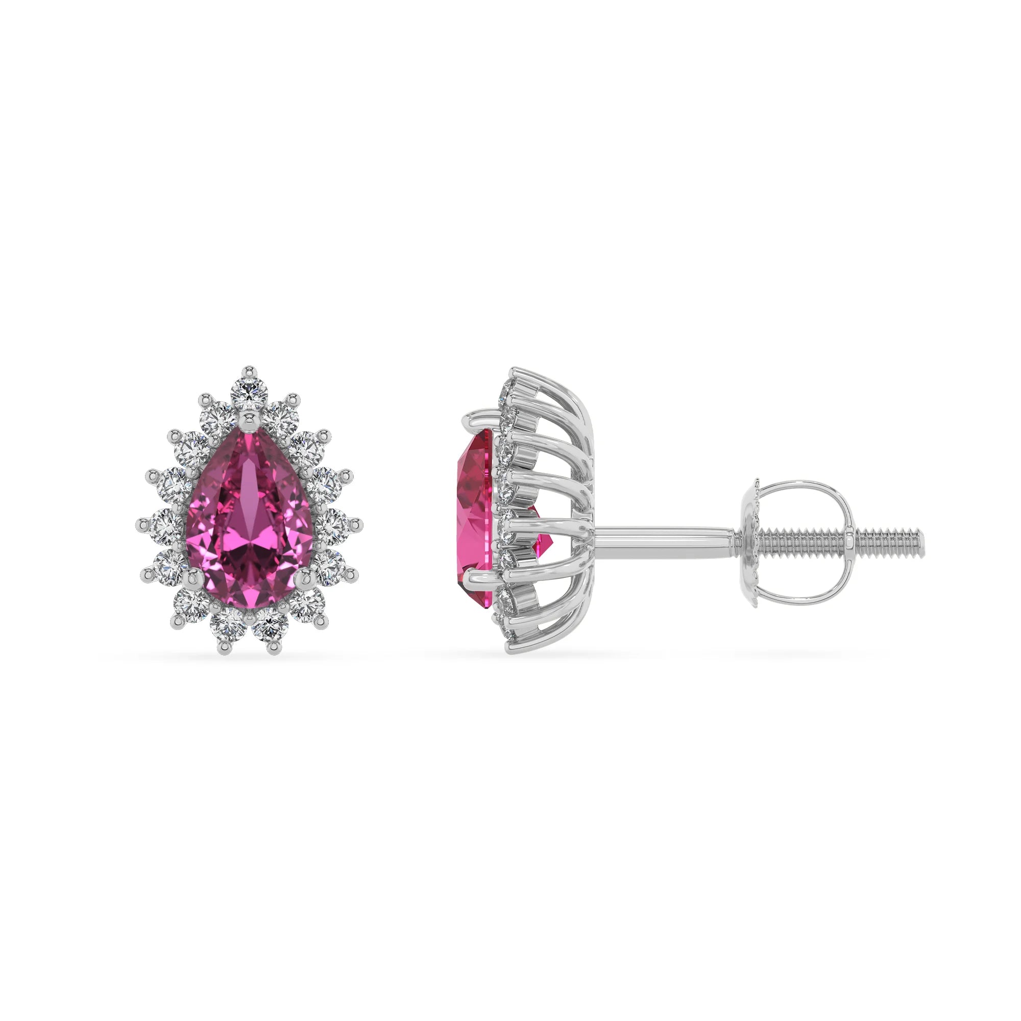 lab grown pink sapphire pear stud earrings in white gold 