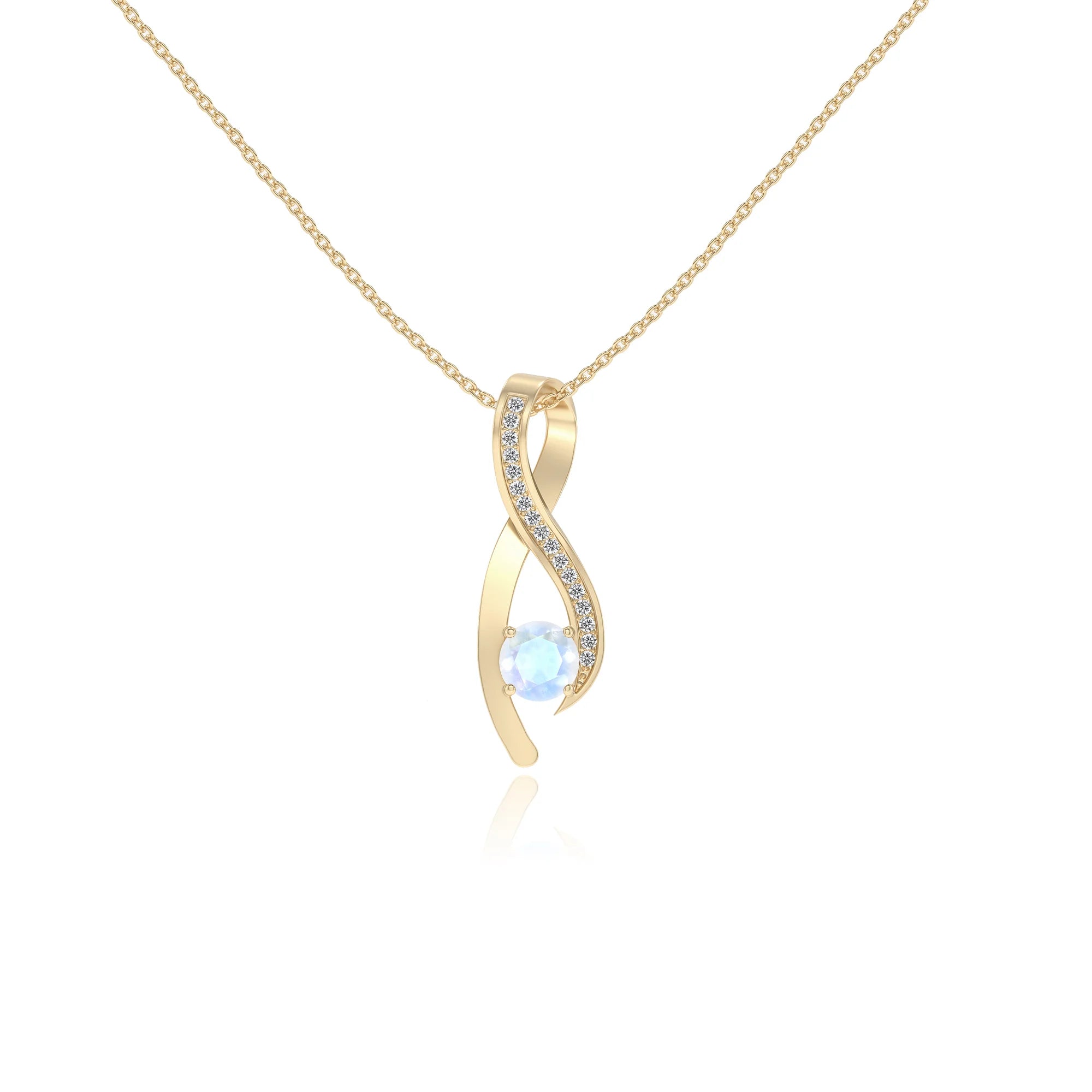 natural rainbow-moonstone round solitaire necklaces in yellow gold 