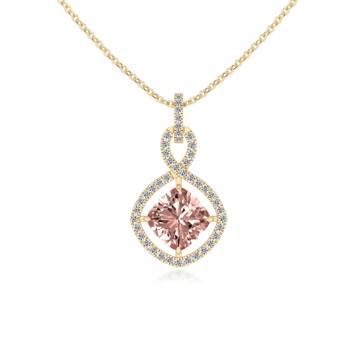 lab grown morganite cushion infinity necklaces in yellow gold 