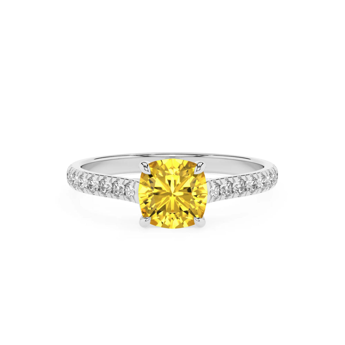 lab grown yellow-sapphire cushion half eternity solitaire engagement rings in white gold 
