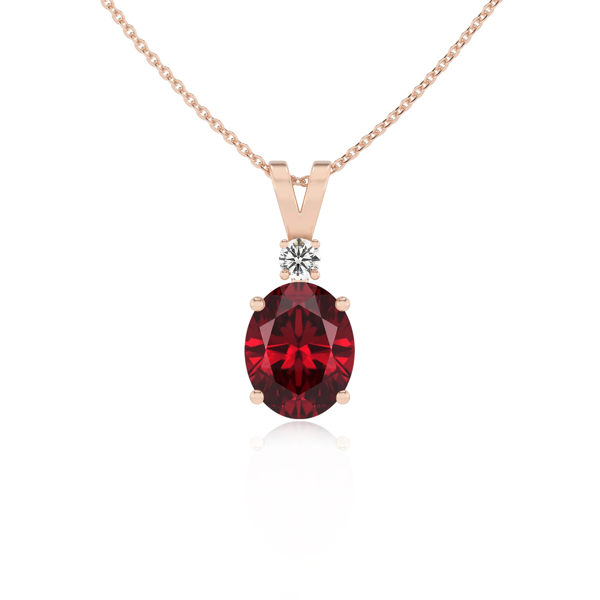 lab grown ruby oval solitaire v-bale necklaces in rose gold 