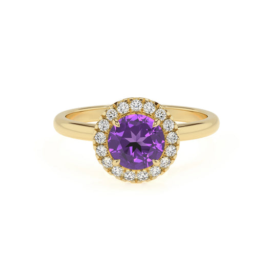 lab grown amethyst round solitaire rings in yellow gold 