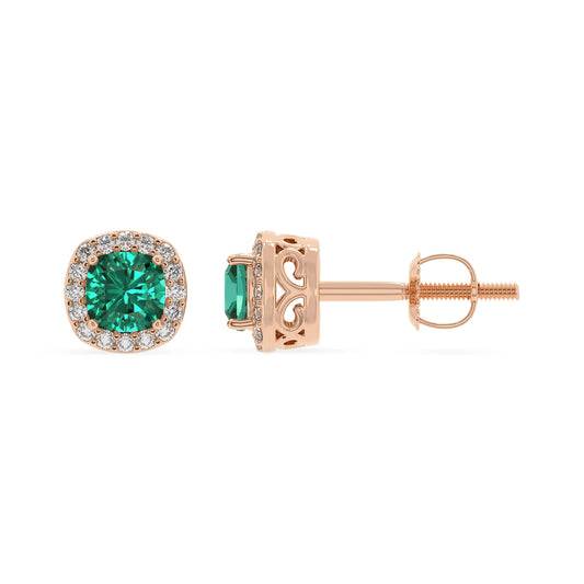 lab grown emerald cushion stud earrings in rose gold 
