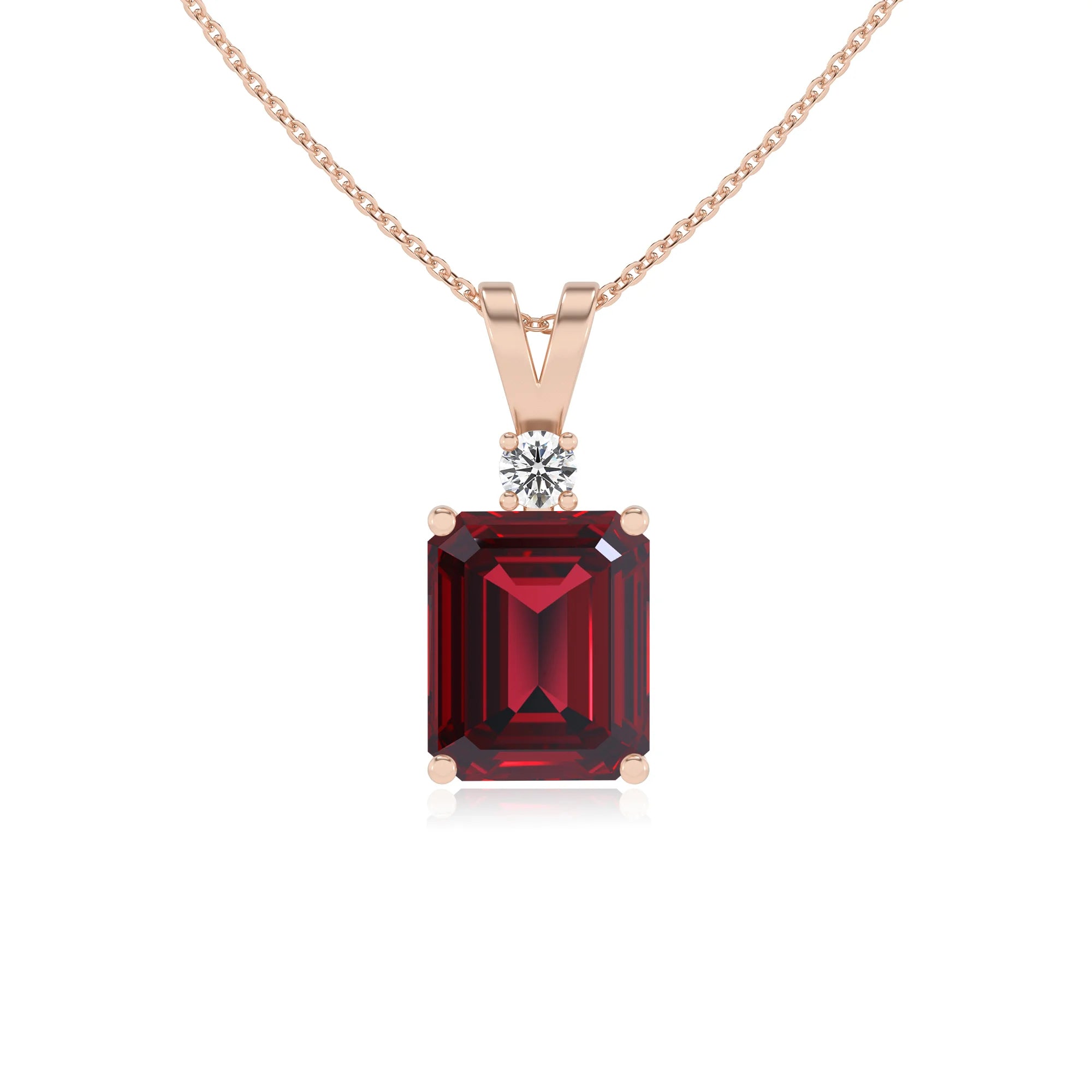 lab grown ruby emerald cut solitaire v-bale necklaces in rose gold 