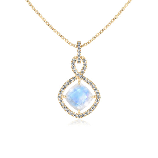 natural rainbow-moonstone cushion infinity necklaces in yellow gold 