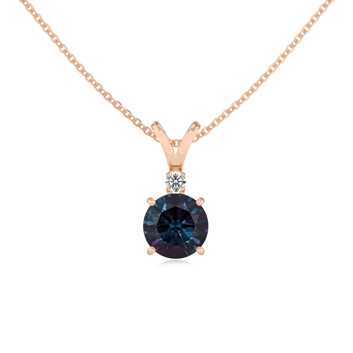 lab grown alexandrite round solitaire v-bale necklaces in rose gold 