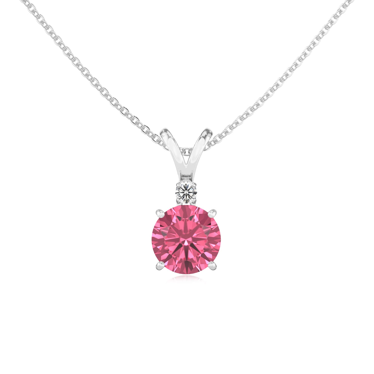 lab grown pink-tourmaline round solitaire v-bale necklaces in sterling silver 