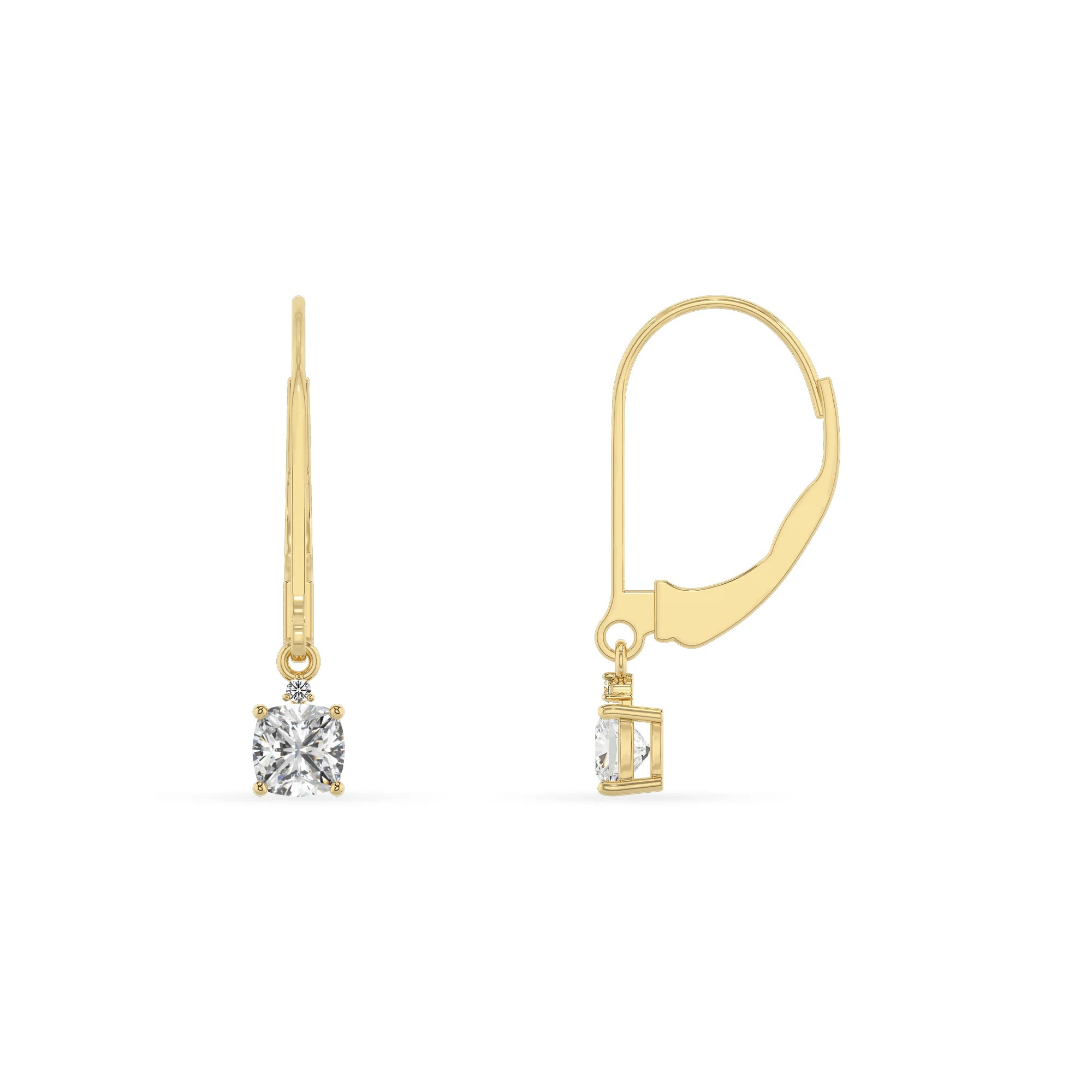 lab grown moissanite cushion drop earrings in yellow gold 