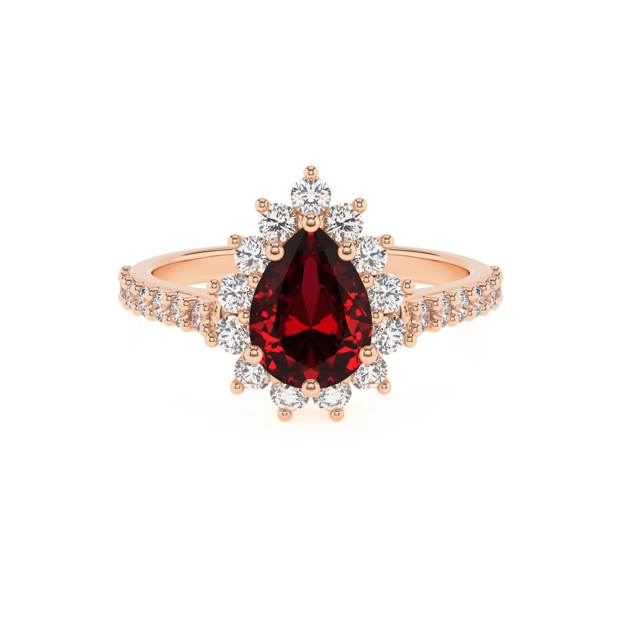 lab grown ruby pear solitaire rings in rose gold 