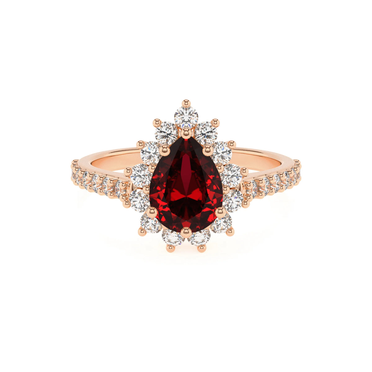 lab grown ruby pear solitaire rings in rose gold 