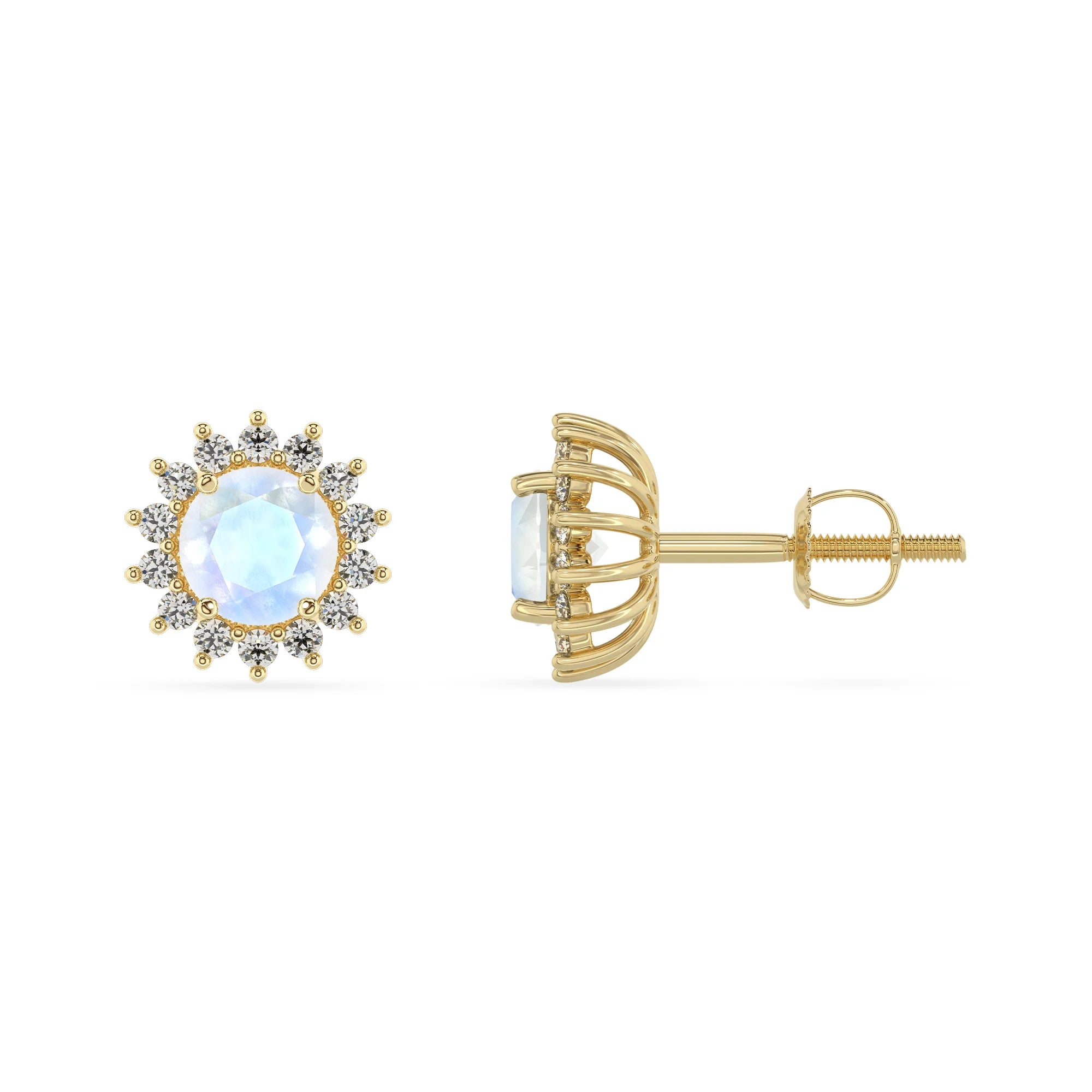 natural rainbow moonstone round stud earrings in yellow gold 