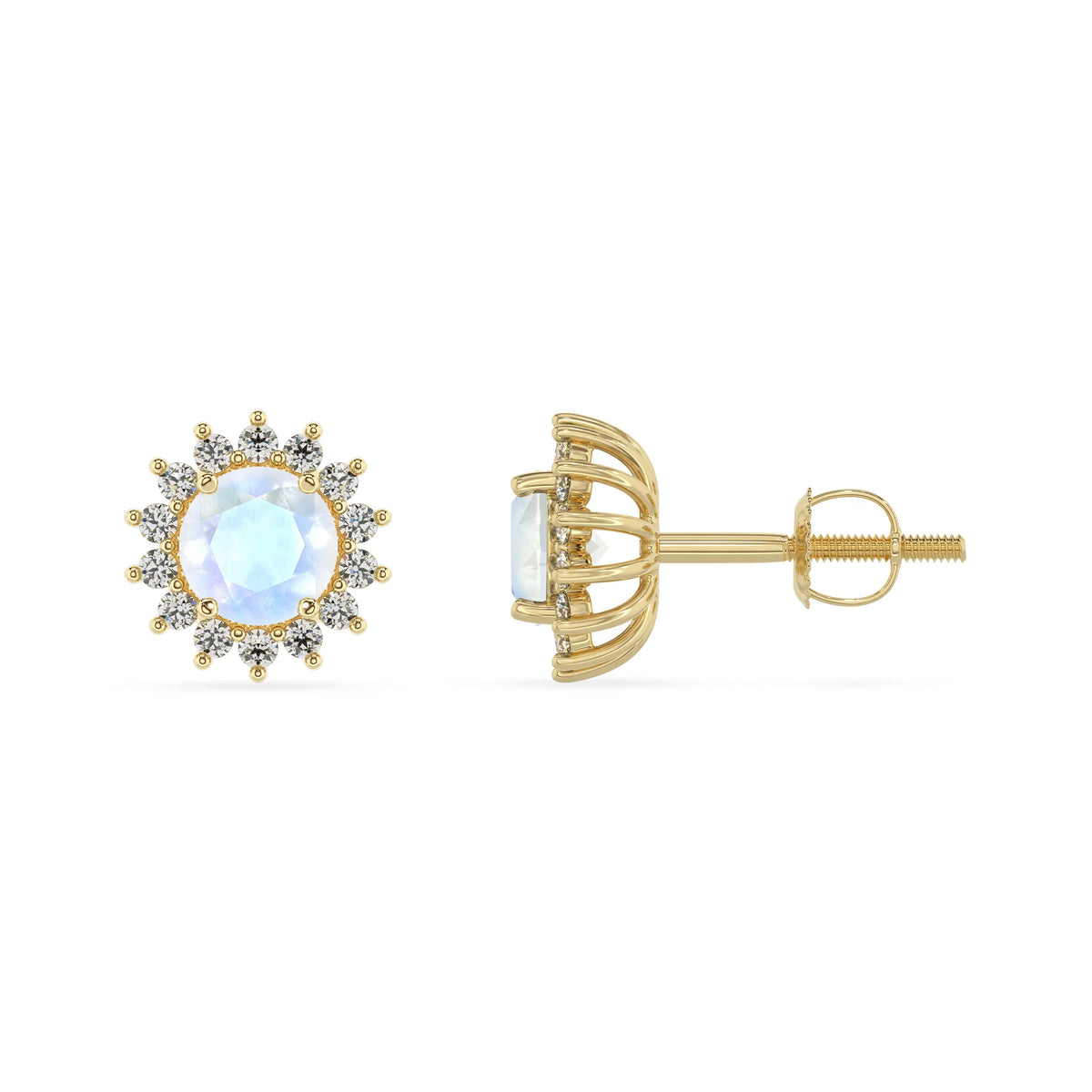 natural rainbow moonstone round stud earrings in yellow gold 