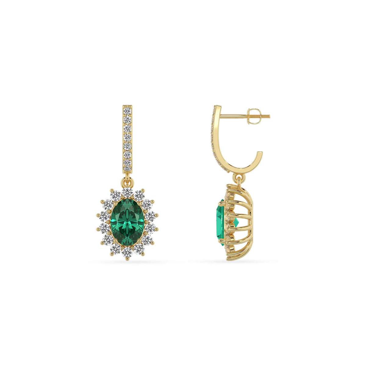 lab grown emerald oval drop earrings in yellow gold 