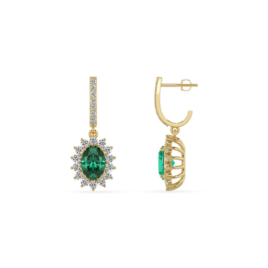 lab grown emerald oval drop earrings in yellow gold 