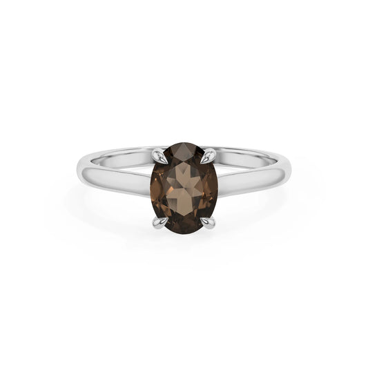 natural smoky-quartz oval solitaire rings in platinum 