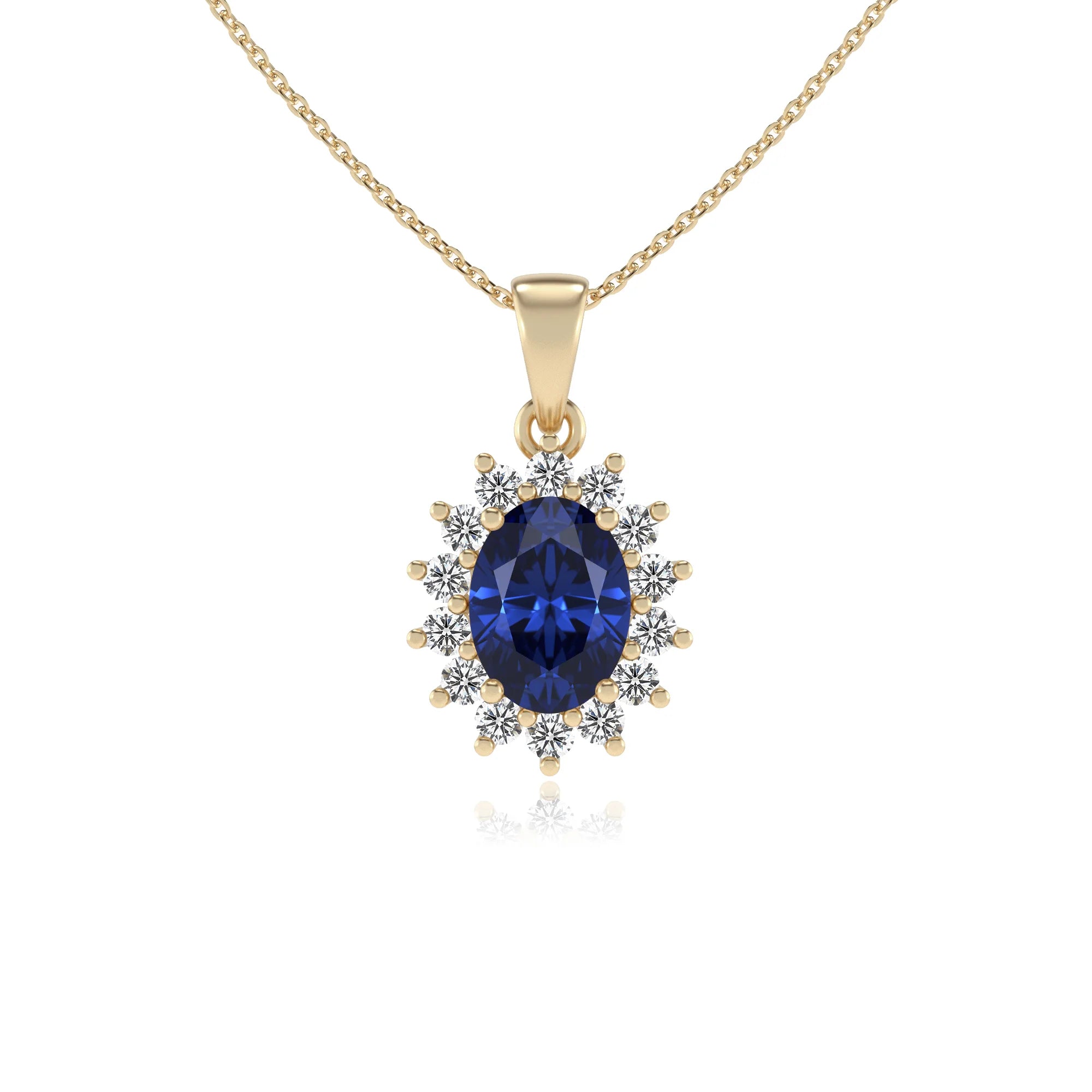 lab grown blue-sapphire oval halo necklaces in yellow gold 