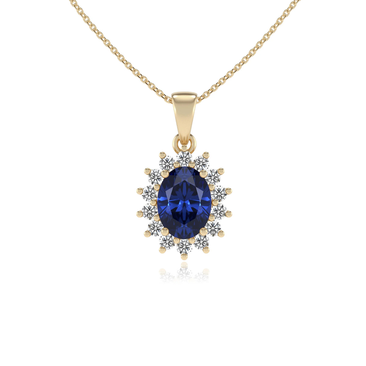 lab grown blue-sapphire oval halo necklaces in yellow gold 