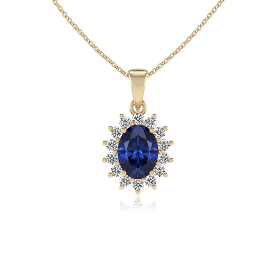 lab grown blue-sapphire oval halo necklaces in yellow gold 