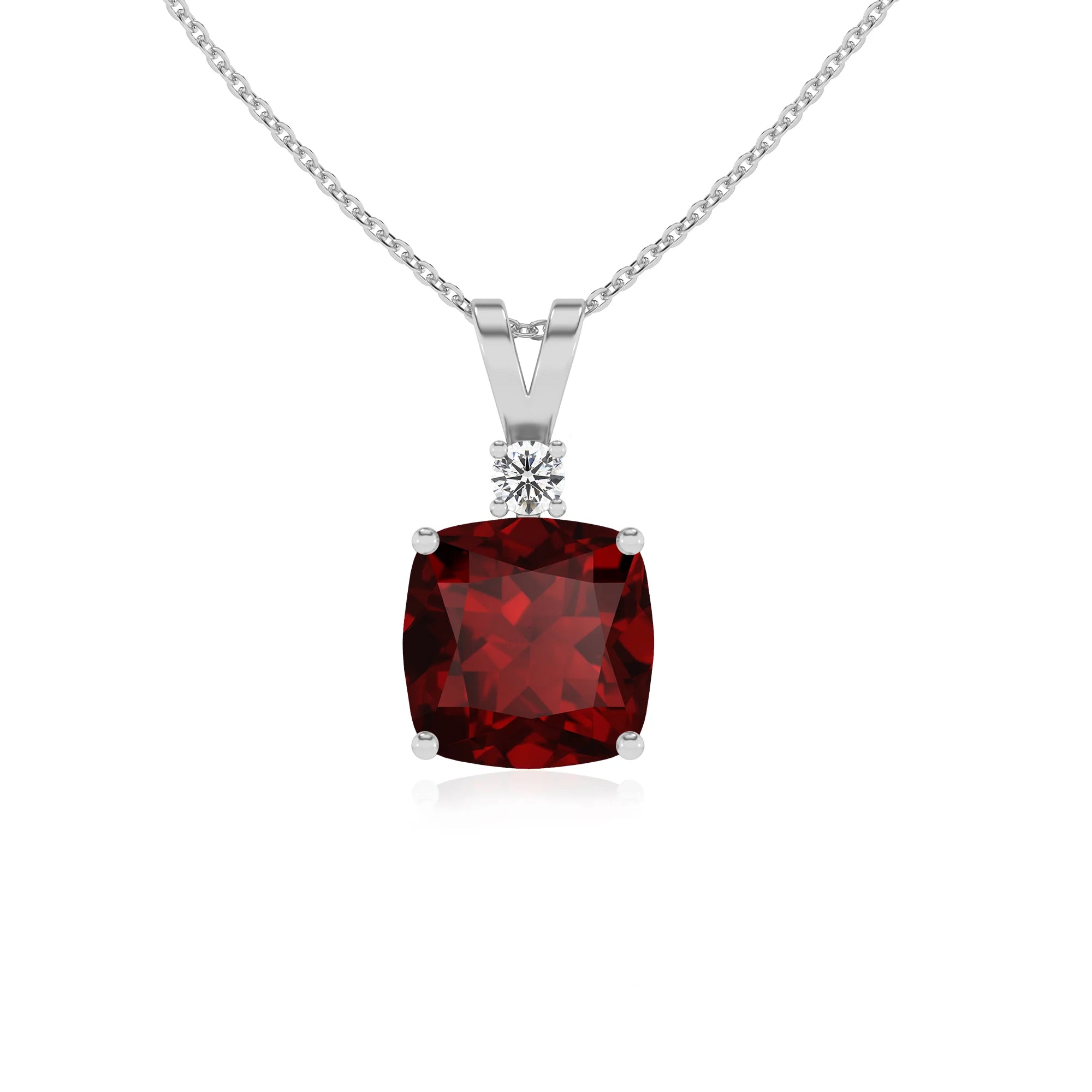 natural garnet cushion solitaire v-bale necklaces in white gold 