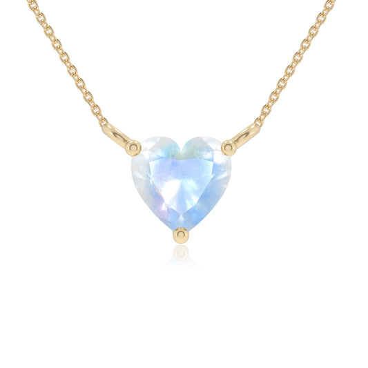 natural rainbow-moonstone heart solitaire necklaces in yellow gold 