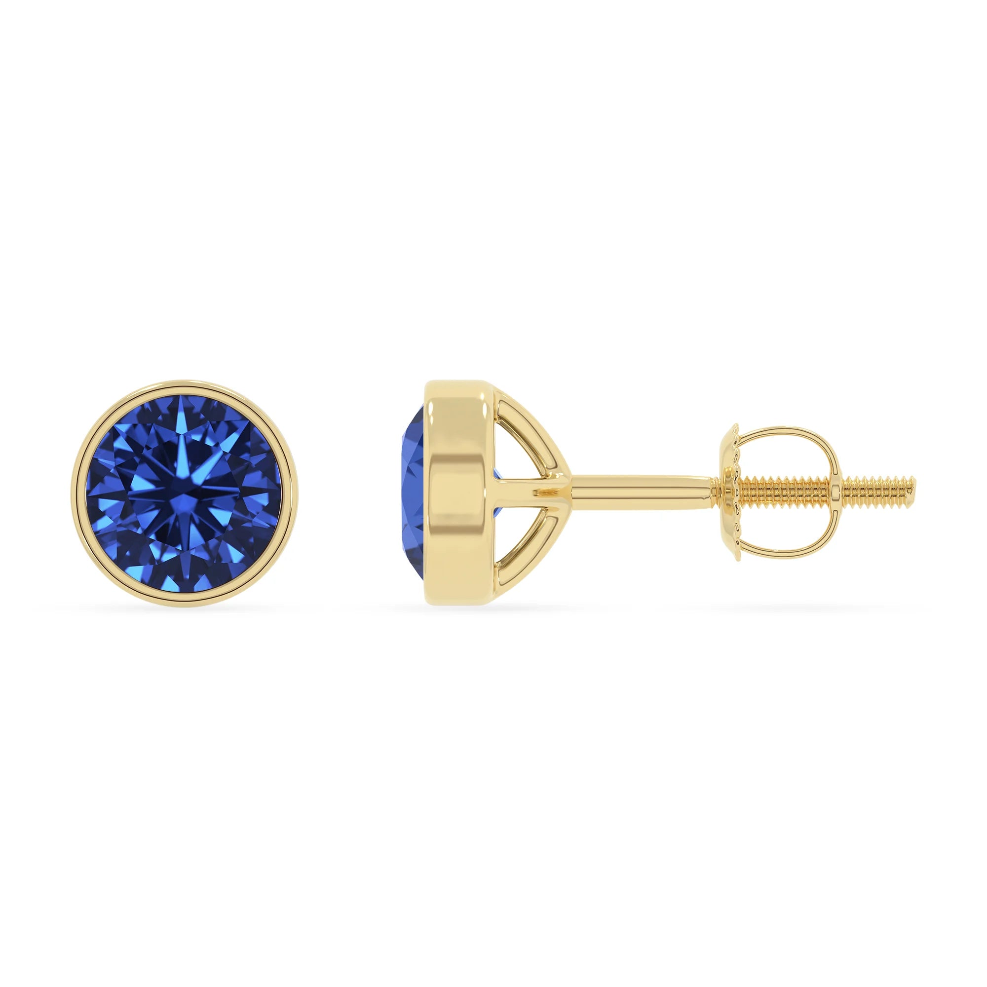 lab grown blue sapphire round stud earrings in yellow gold 