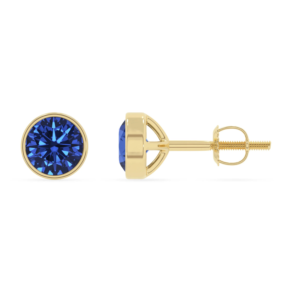lab grown blue sapphire round stud earrings in yellow gold 