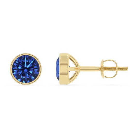 lab grown blue sapphire round stud earrings in yellow gold 