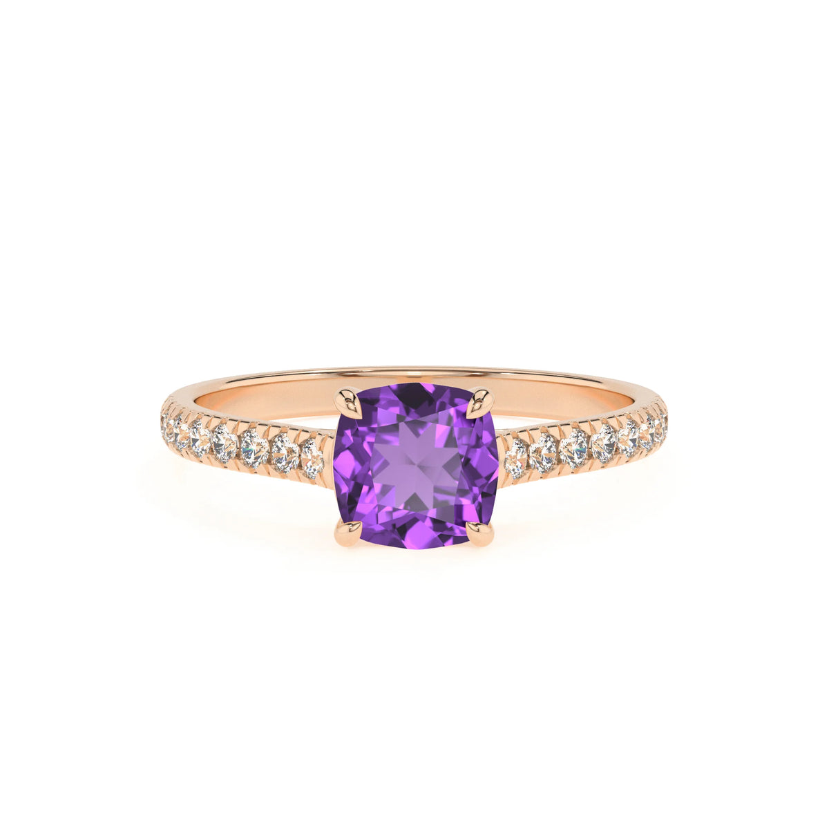 lab grown amethyst cushion half eternity solitaire engagement rings in rose gold 