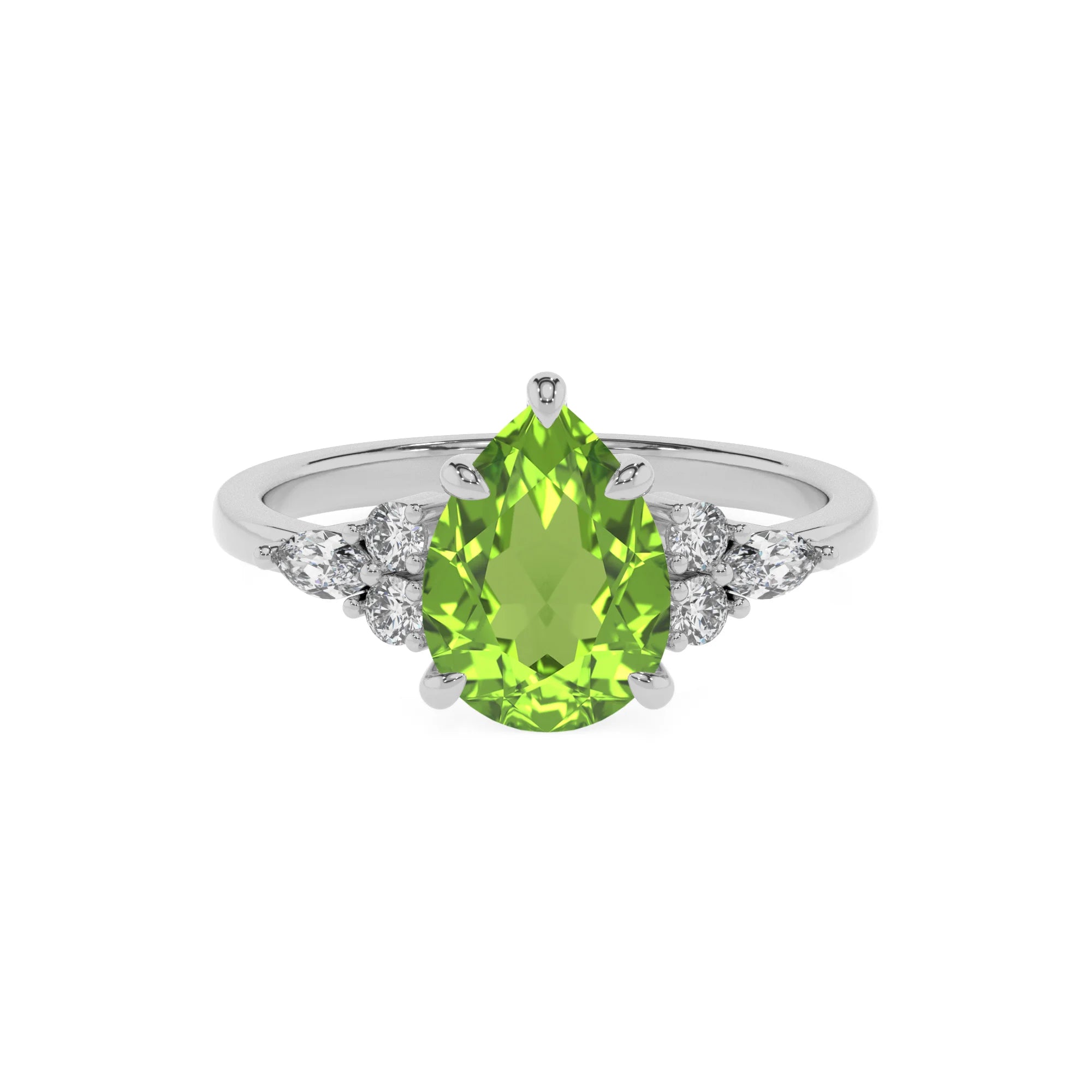 natural peridot pear solitaire rings in white gold 