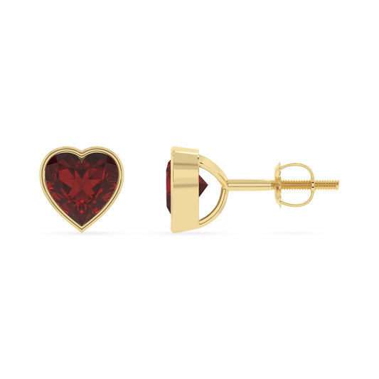 natural garnet heart stud earrings in yellow gold 