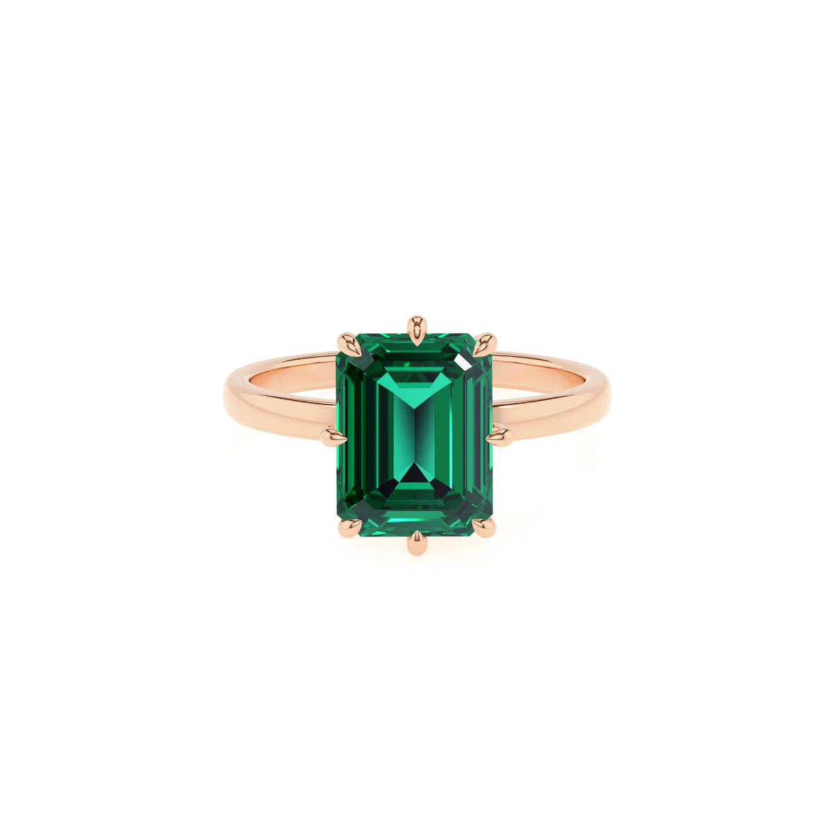 lab grown emerald octogon cut solitaire rings in rose gold 