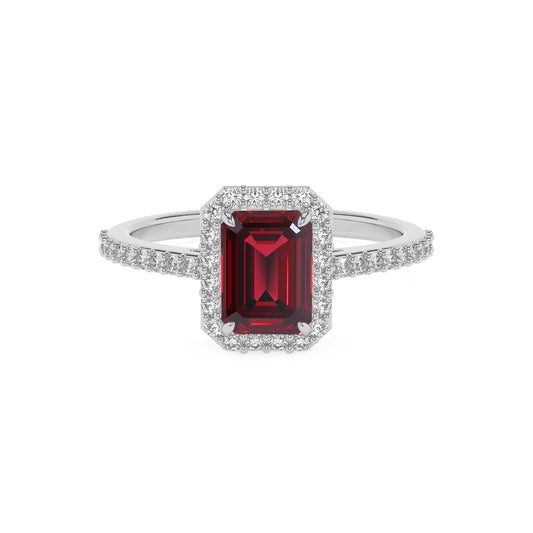 lab grown ruby emerald cut solitaire rings in sterling silver 