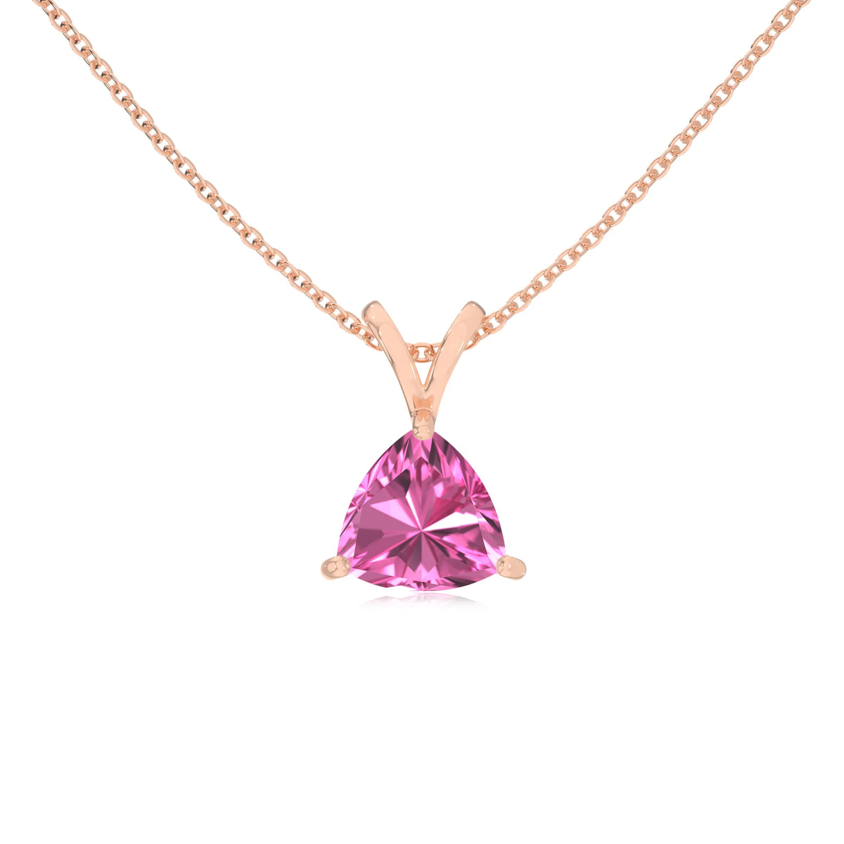 lab grown pink-sapphire trillion solitaire v-bale necklaces in rose gold 