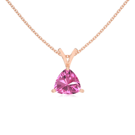 lab grown pink-sapphire trillion solitaire v-bale necklaces in rose gold 